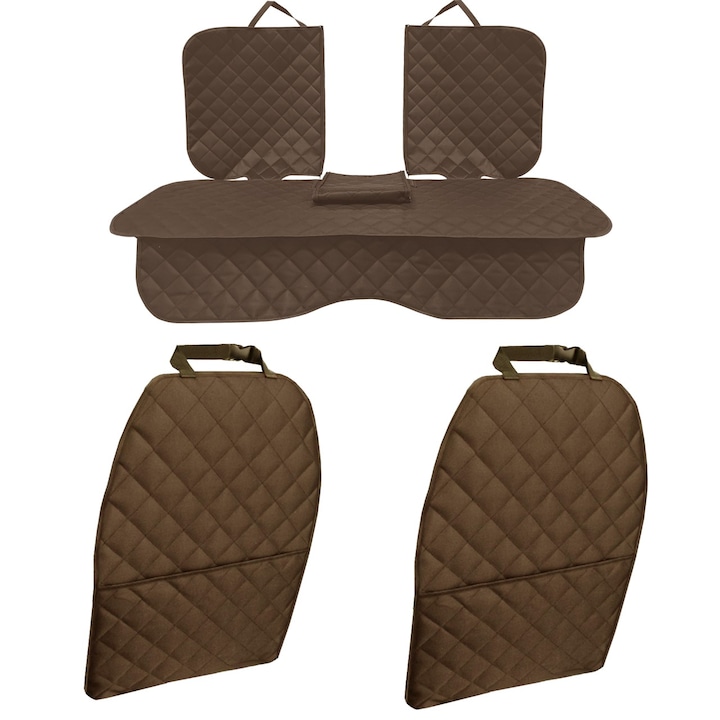 Set 3 protectii auto, matlasate, universale, maro, lavabile, impermeabile, decupare cotiera si 2 protectii spatar scaun cu buzunar organizator, Metru Patrat