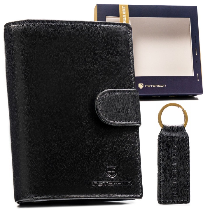 Мъжки портфейл, ключодържател, естествена кожа, черен, Peterson, ptn set-m-n4l-gvt, 13 x 9, 5 x 2 cm
