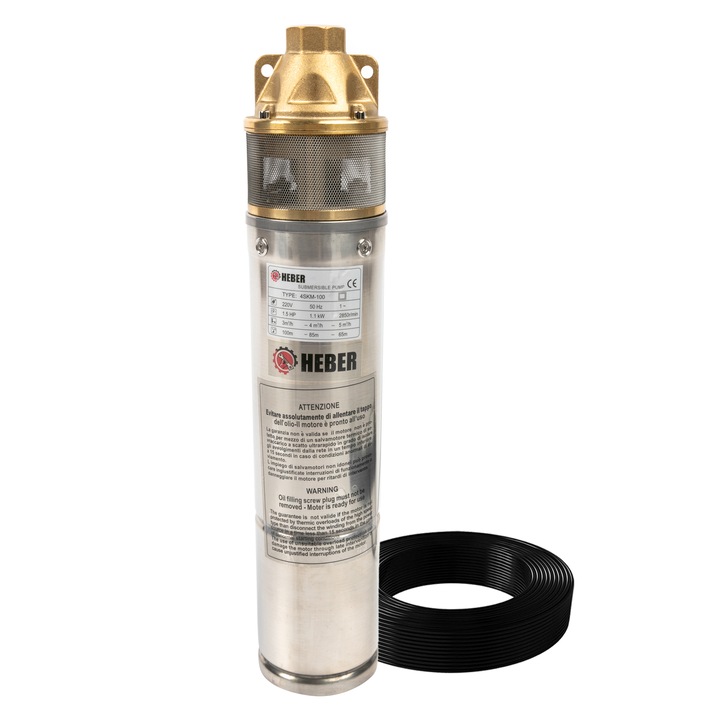 Pompa apa submersibila Heber® 4SKM-100, Sistem Premium, tripla etansare, 2 turbine bronz, IP 68, 1.2 kw, 3200 l/h, 6 Bar, 2850 RPM, inaltime refulare 70 m, 14 kg, cablu 15 m