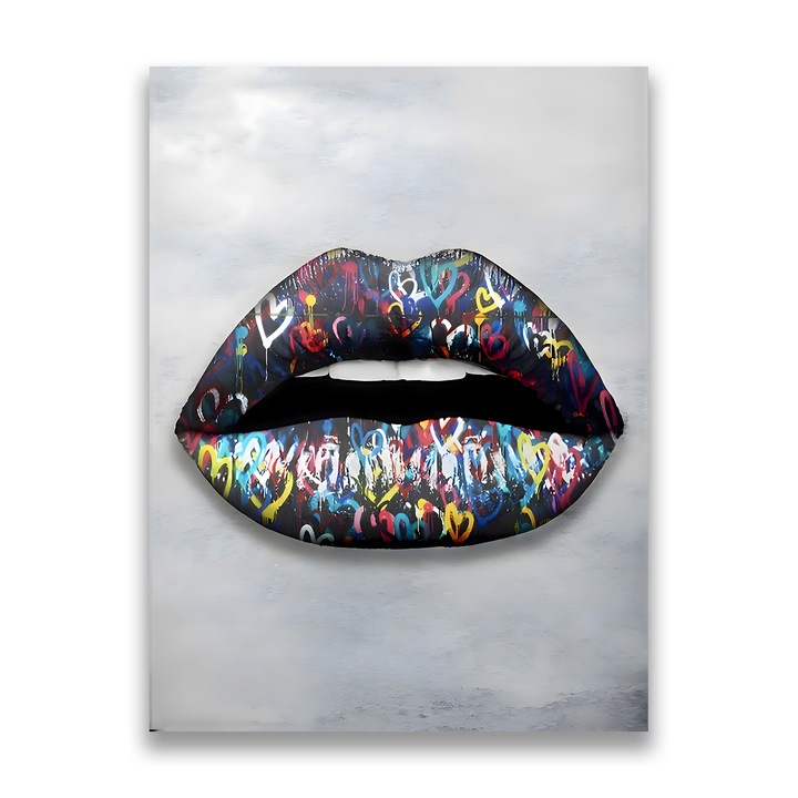 Първокласна картина на платно, LuxCanva® A1126, черни устни, 45 X 60 CM, 100% памучно платно 400g/m2, дървена рамка, устни, цветни сърца, черно червило, живи цветове