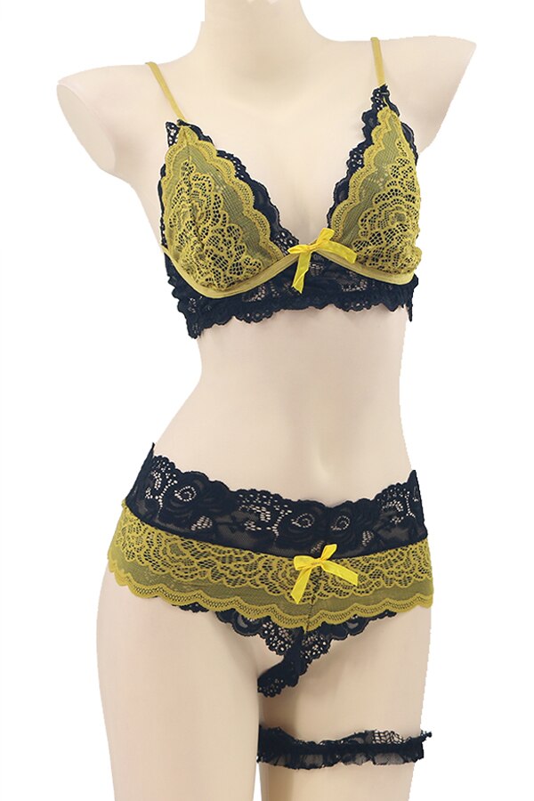 Set lenjerie sexy cu dantela, sutien, chiloti brazilieni si accesoriu,  TY-LX133, galben, One Size 