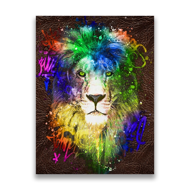 Първокласна картина на платно, LuxCanva® A1132, Цветен лъв, 45 X 60CM, 100% памучно платно 400g/m2, Дървено шаси, Многоцветно, Кралят на джунглата, Зелено, Живи цветове