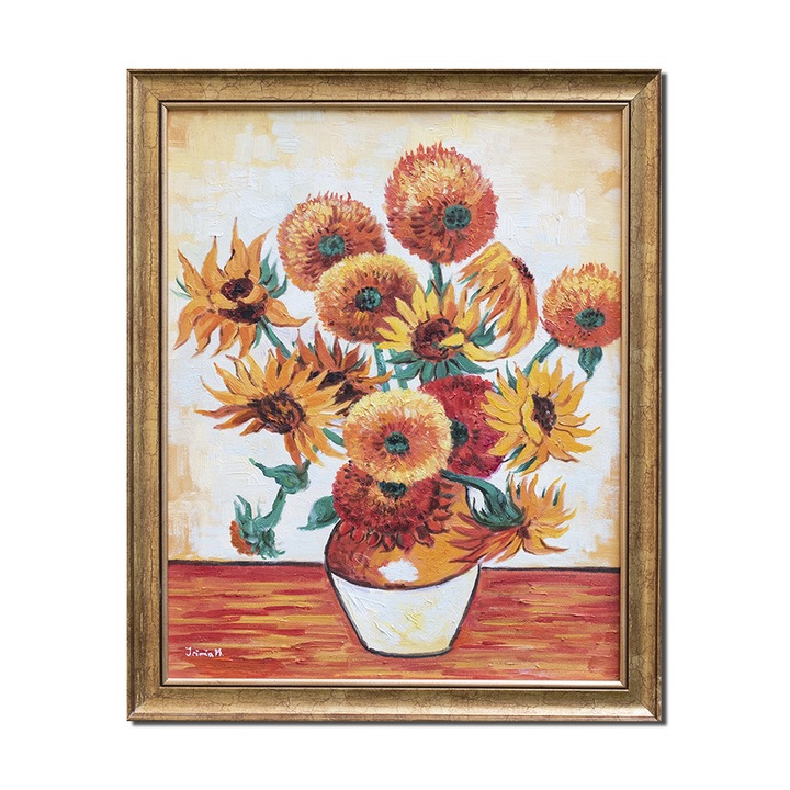 Tablou celebru living, hol, dormitor inramat pictat manual, Vaza cu floarea soarelui, 55x45cm ulei pe panza reproducere Vincent van Gogh