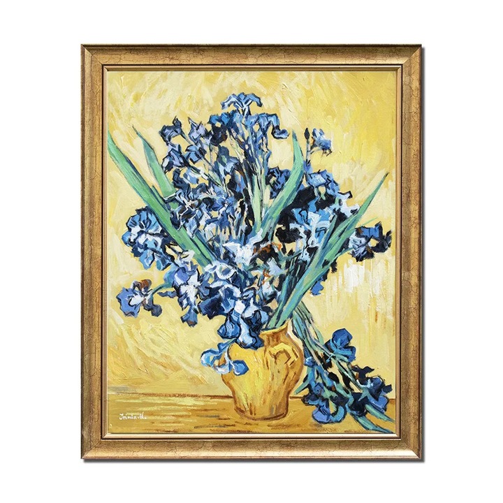 Tablou celebru living, hol, dormitor inramat pictat manual, Vaza cu irisi, 55x45cm ulei pe panza reproducere Vincent van Gogh