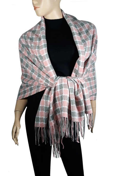Női sál, vastag, többféle mintával, rózsaszín/szürke