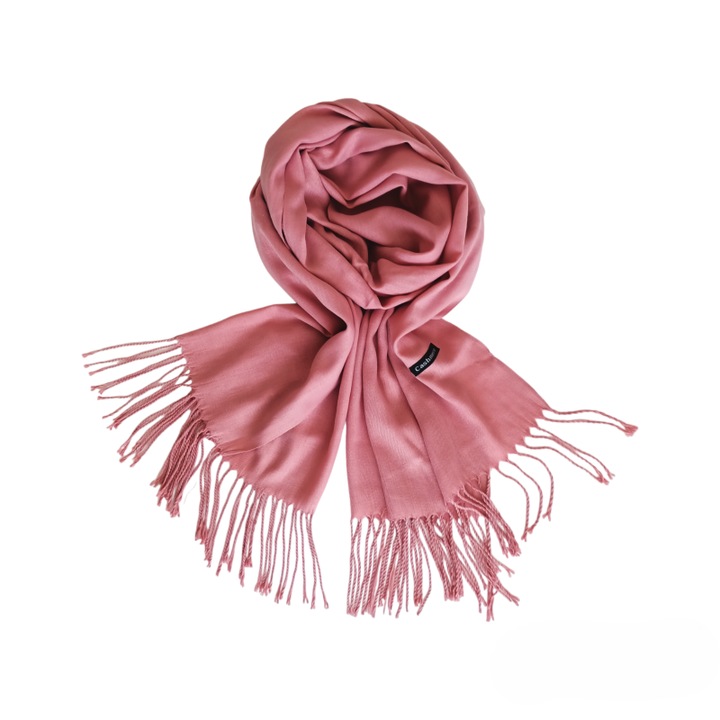 Esarfa Dama tip Sal din Casmir, Subtire, Capete Franjurate, Sezon Rece/Primavara, Uni, OniBell, 200 x 68cm, Roz Pudrat Intens