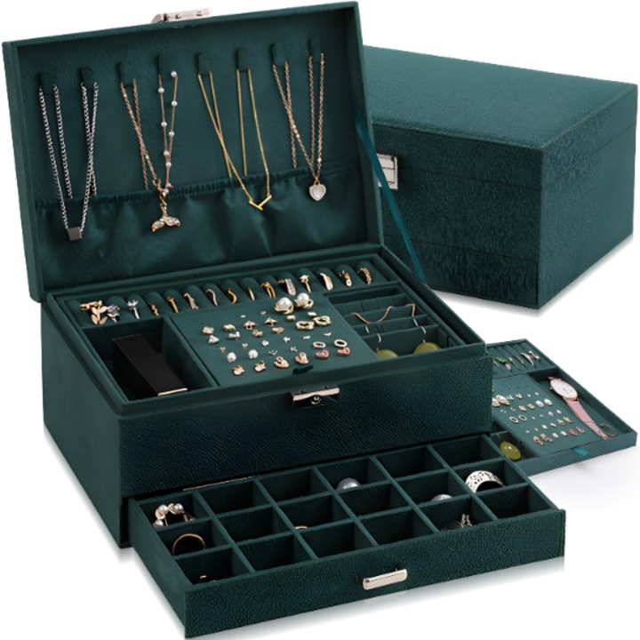 Organizator de bijuterii, din piele ecologica, verde, cu cheie, 24, 5x17x11, 5 cm