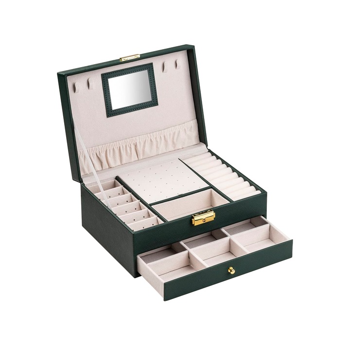 Ékszerdoboz kulccsal, 2 szintes rendszerező, 1 fiók, tároló gyűrűk, láncok, karkötők számára, bársony anyag, elegáns, letisztult és egyszerű kivitel, ökológiai bőr, 23 x 17 x 10,5 cm, zöld
