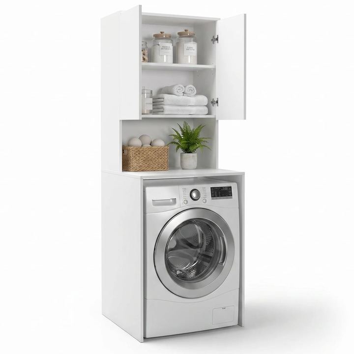 Dulap Baie Adore cu Loc Pentru Masina de Spalat, 3 Rafturi, 2 Usi, Alb, 65 x 182 x 60 cm