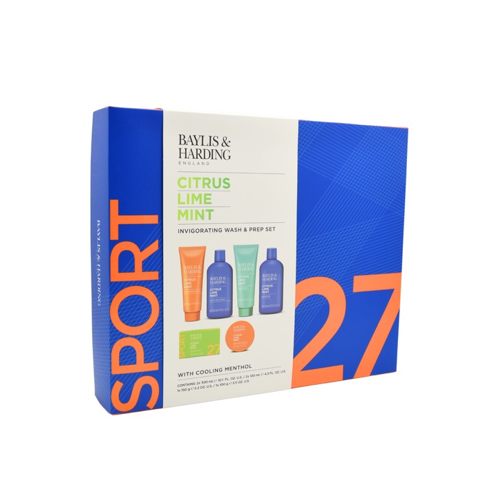 Set 6 Piese Baylis & Harding, 27 Sport Edition, Barbati, Gel De Dus 300 ml, Gel De Corp Si Par 300 ml, Gel De Curatare Fata 130 ml, Balsam Dupa Barbierit 130 ml, Sapun De Curatare 150 g, Cristale Musculare 100 g, Extract Menta, Lamaie Verde