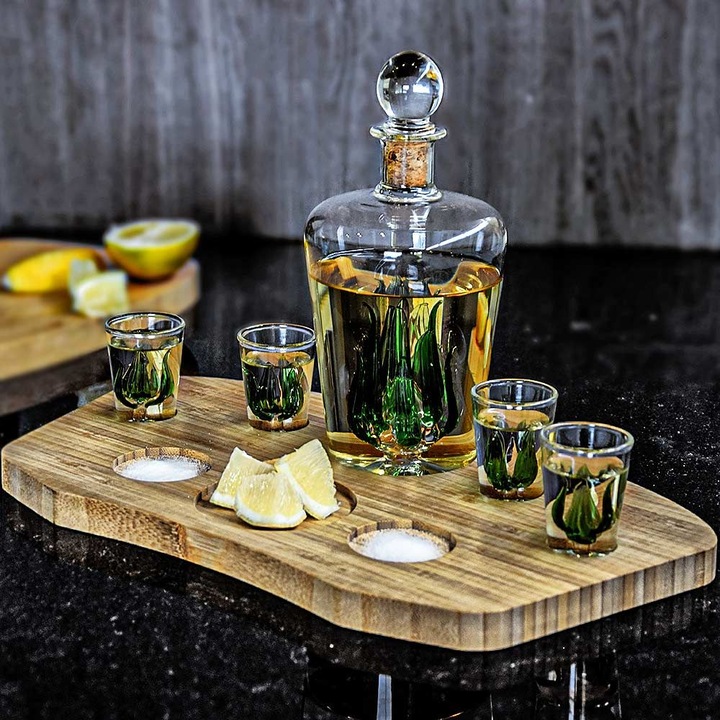 Set decantor si pahare, Lemn/Sticla, Bej/Transparent