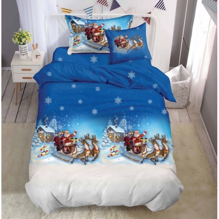 Lenjerie de pat, Finet, 1 persoana, 4 piese, Sania lui Mos Craciun, 155x220cm, Multicolor