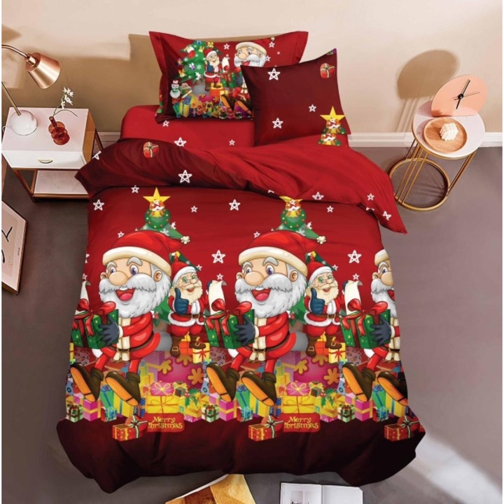 Lenjerie de pat, Finet, 1 persoana, 4 piese, Mos Craciun, 155x220cm, Multicolor