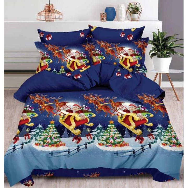 Lenjerie de pat, Cearsaf cu Elastic, Finet, 2 persoane, 6 piese, Sania lui Mos Craciun, 180x200cm, Multicolor