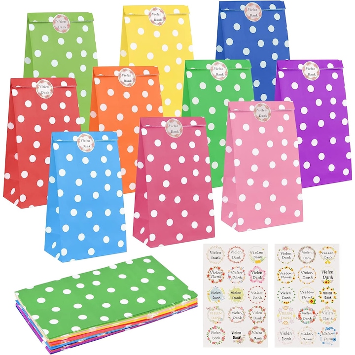 Комплект от 40 хартиени подаръчни торбички, Aisdelu, с 60 хартиени стикера, 24 x 13 x 8 cm, многоцветни
