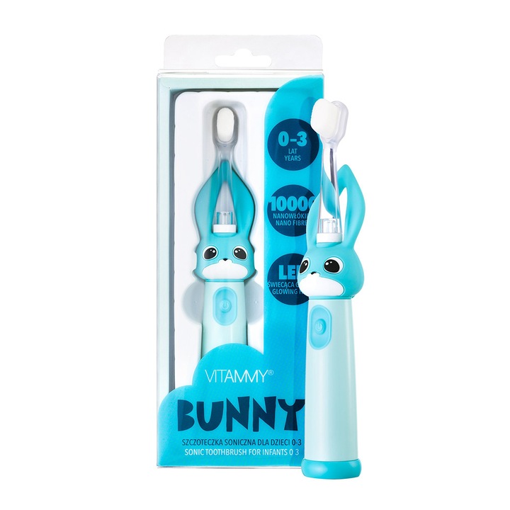 Periuta de dinti electrica Vitammy Bunny Light Blue, pentru copii 0-3 ani, cu lumina LED, 24.000 de miscari sonice/min, 2 programe de periaj, fibre nano