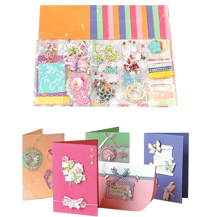 Kit de realizare a cardurilor pentru copii, ZJZ, cu 15 cartonase goale, plicuri si decoratiuni, DIY, Multicolor