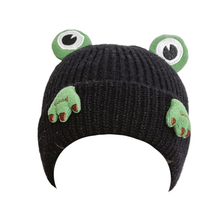 Caciula pentru copii, model moale si calduros cu ochi si picioruse de broscuta, tematica broscoiul jucaus, 2 – 8 ani, neagra, EFAYN