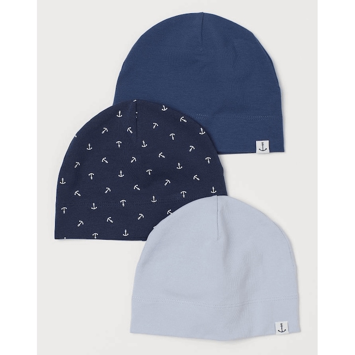 Set 3 caciulite pentru copii si bebelusi, HM, bumbac organic, albastru inchis si ancore