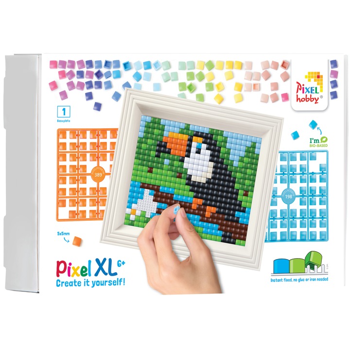 Set hobby creativ cu pixeli Pixelhobby, Pixel XL Mozaic cu rama, Tucan, 500 piese