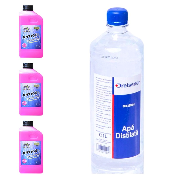 Pachet 3L Revizie Antigel Motrik Tip G12 Roz + 1L Apa Distilata