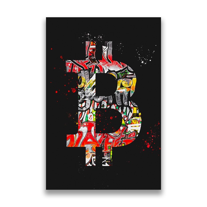 Картина на платно, LuxCanva® A1134, Bitcoin Art, 40 X 60 CM, 100% памучно платно 400g/m2, дървена рамка, графити, BTC, цифрова валута, живи цветове