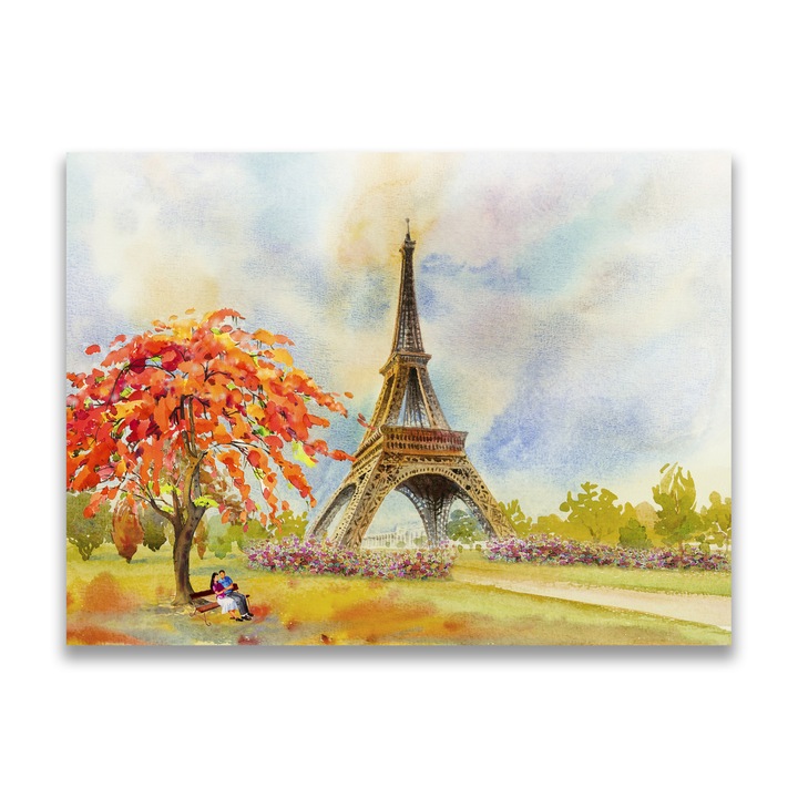 Картина на платно, LuxCanva® A1104, Любов в Париж, 75 X 100 CM, 100% памучно платно 400g/m2, Дървена рамка, Град на любовта, Влюбени, Айфелова кула, Живи цветове