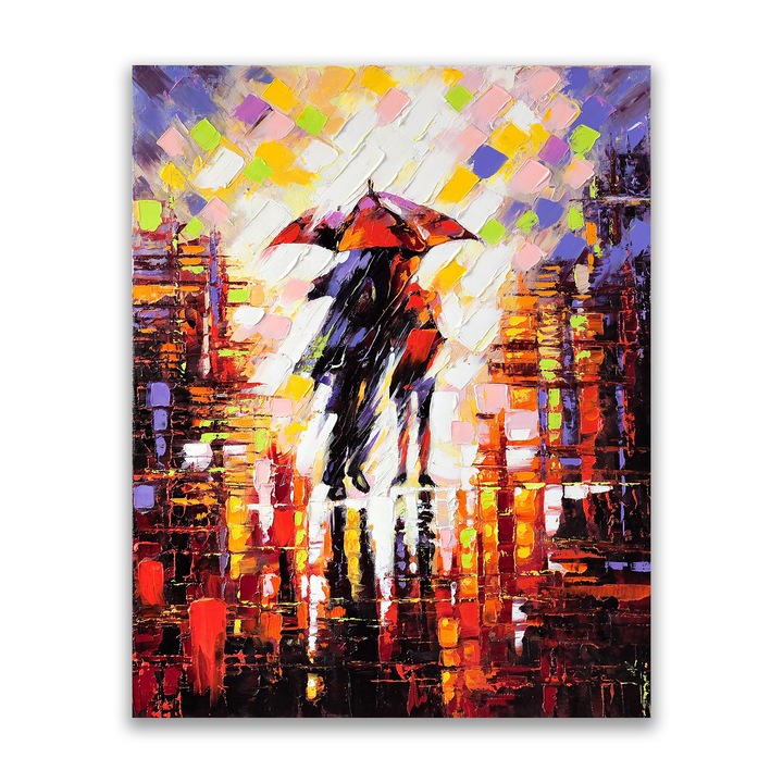 Prémium vászonfestmény, LuxCanva® A1065, Szerelmesek az esőben, 60 X 80 CM, 100% pamut vászon 400 g/m2, fakeret, páros, szerelem, romantikus, absztrakt, élénk színek