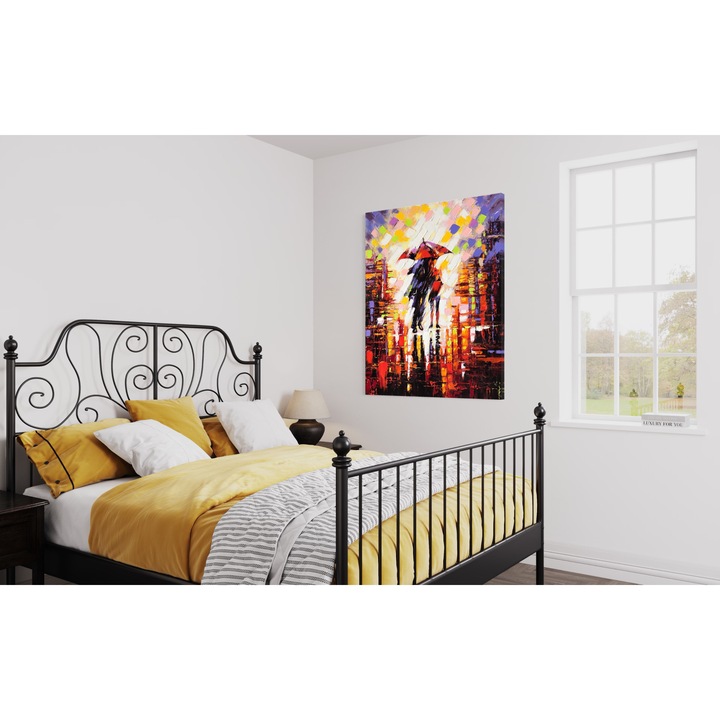 Prémium vászonfestmény, LuxCanva® A1065, Szerelmesek az esőben, 60 X 80 CM, 100% pamut vászon 400 g/m2, fakeret, páros, szerelem, romantikus, absztrakt, élénk színek