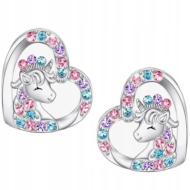 Сребърни обеци със сърце на еднорог за момичета, Mennica Bydgoska