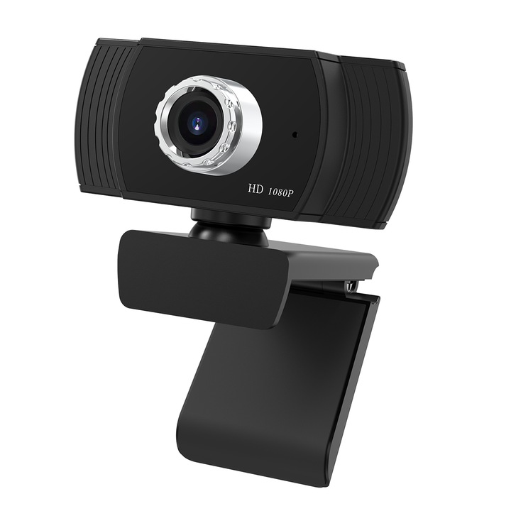 Уеб камера, Xinxu, Full HD, ротация на 360°, вграден микрофон, намаляване на шума, връзка с лаптоп, USB, включен статив, черен