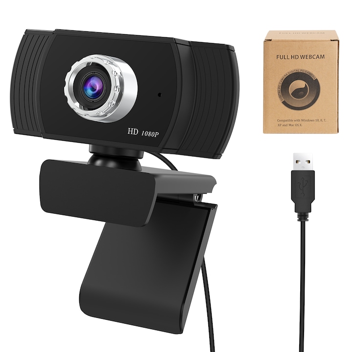 Camera Web, Xinxu, Full HD, 1080P, Rotatie 360°, Microfon Incorporat, Reducere Zgomot, Conectare Laptop, pentru videoconferinte, transmisii live, predare online, USB, Trepied Inclus, Negru