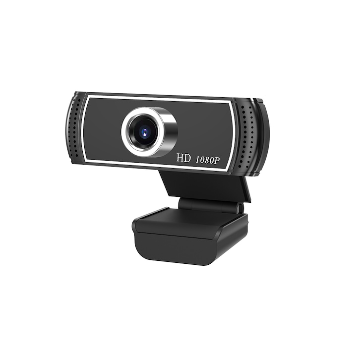 Уеб камера, Xinxu, Full HD, ротация на 360°, вграден микрофон, намаляване на шума, връзка с лаптоп, съвместим с приложения за видеоконференции, plug & play, включен статив, черен