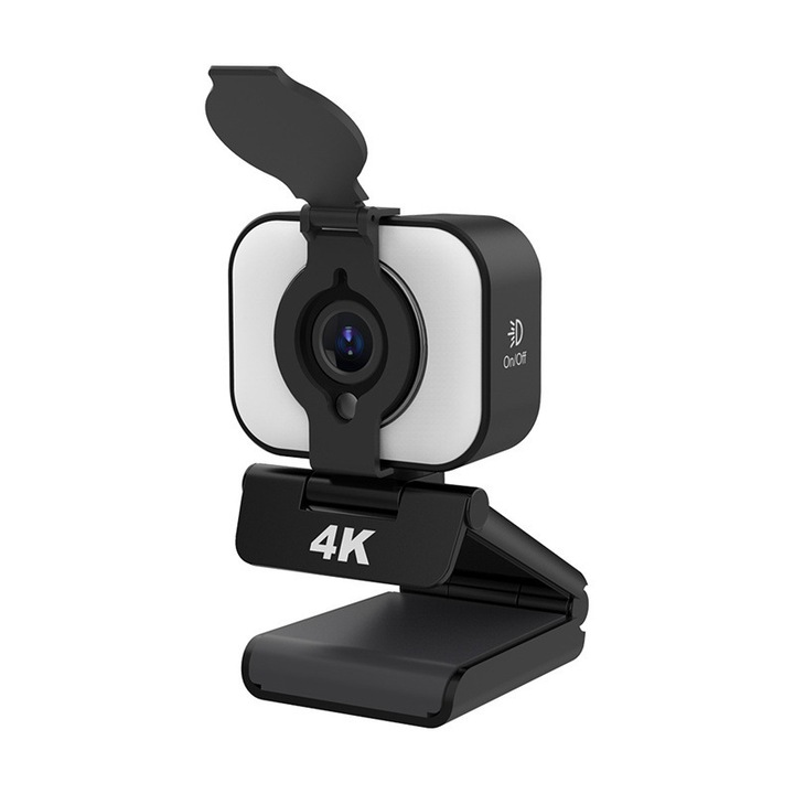 Уеб камера със статив, 4K Full-HD с LED, WALALLA, Резолюция 3840x2160, 360° ротация, Вграден микрофон, USB 2.0, Черен