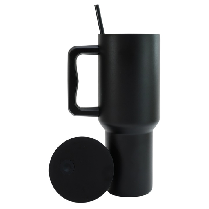 Cana Termos Cu Maner Si Pai, Purpley®, 1.2 L, 4 Pozitii Pentru Pai Reglabile, Mentine Temperatura Indelungat, Otel Inoxidabil, Design Ergonomic, Sistem Antiscurgere, Ideala Pentru Birou, Drumetii Sau Calatorii, Negru