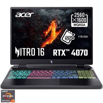 Laptop Gaming Acer Nitro 16 AN16-41 cu procesor AMD Ryzen 7 7735HS pana la 4.75 GHz, 16", WQXGA, IPS, 165Hz, 16GB, 1TB SSD, NVIDIA GeForce RTX 4070 8GB GDDR6, NO OS, Black