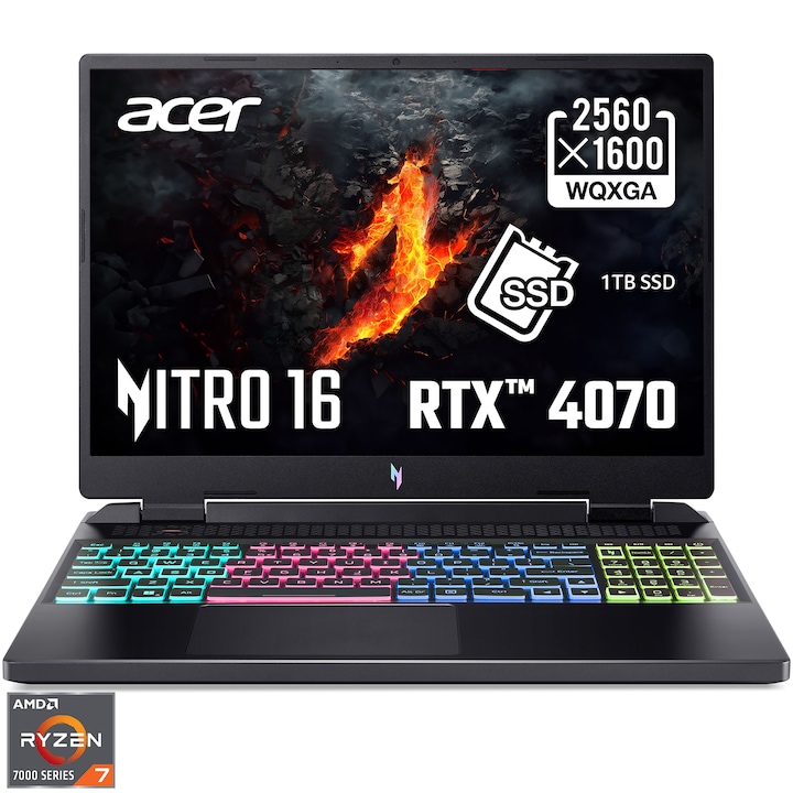 Acer Nitro 16 AN16-41 Gaming laptop with AMD Ryzen™ 7 7735HS processzorral max. to 4.75 GHz, 16", WQXGA, IPS, 165Hz, 16GB, 1TB SSD, NVIDIA® GeForce RTX™ 4070 8GB GDDR6, NO OS, Nemzetközi angol billentyűzet, Fekete