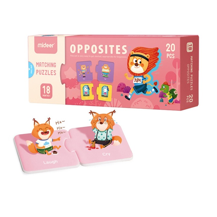 Puzzle de asociere pentru copii, cuvinte si imagini opuse, 20 seturi x 2 piese, Mideer, + 18 luni