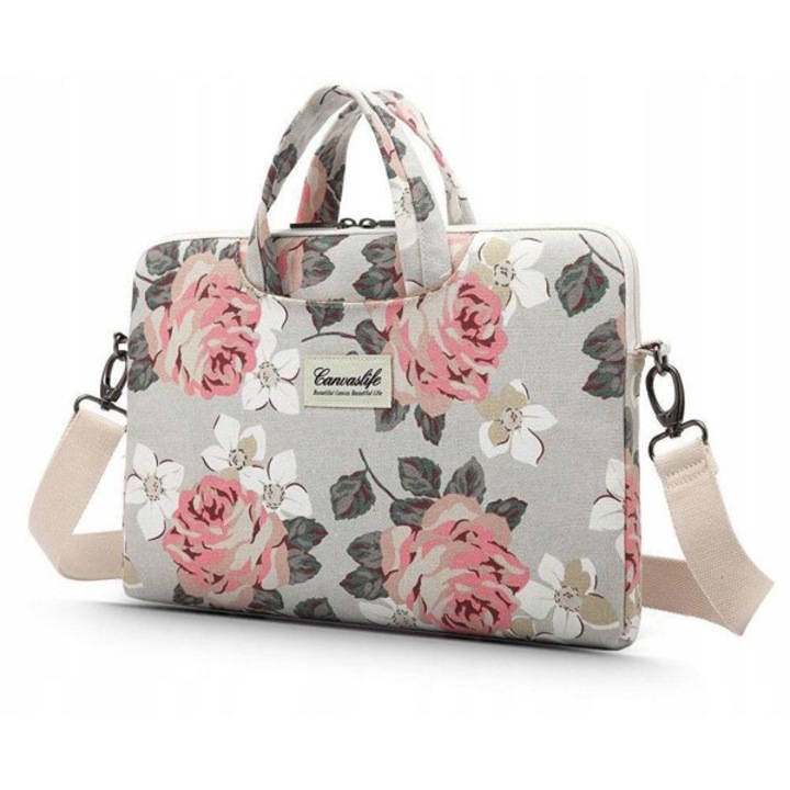 Geanta universala laptop, Protectie ridicata, Design elegant, Imprimeu floral, 13-14 inch, 35 x 25 x 3cm, Canvaslife, Culoare Rose-Gri