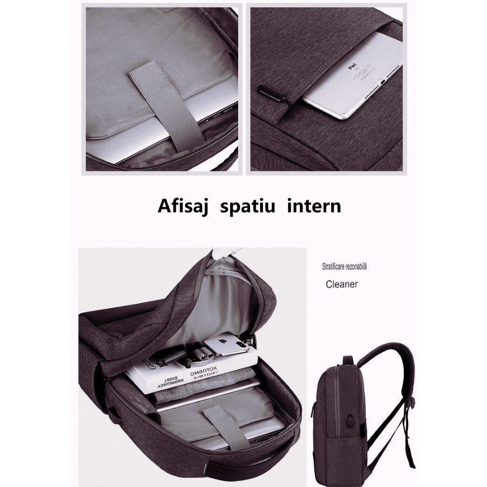Rucsac computer 15.6 inci 72DESI, pentru afaceri si agrement, 42x31x16 cm, maxim 35 litri, panza Oxford rezistenta la apa si agatare, port incarcare USB, fermoar bidirectional, curea umar respirabila, curea atasare troler, negru