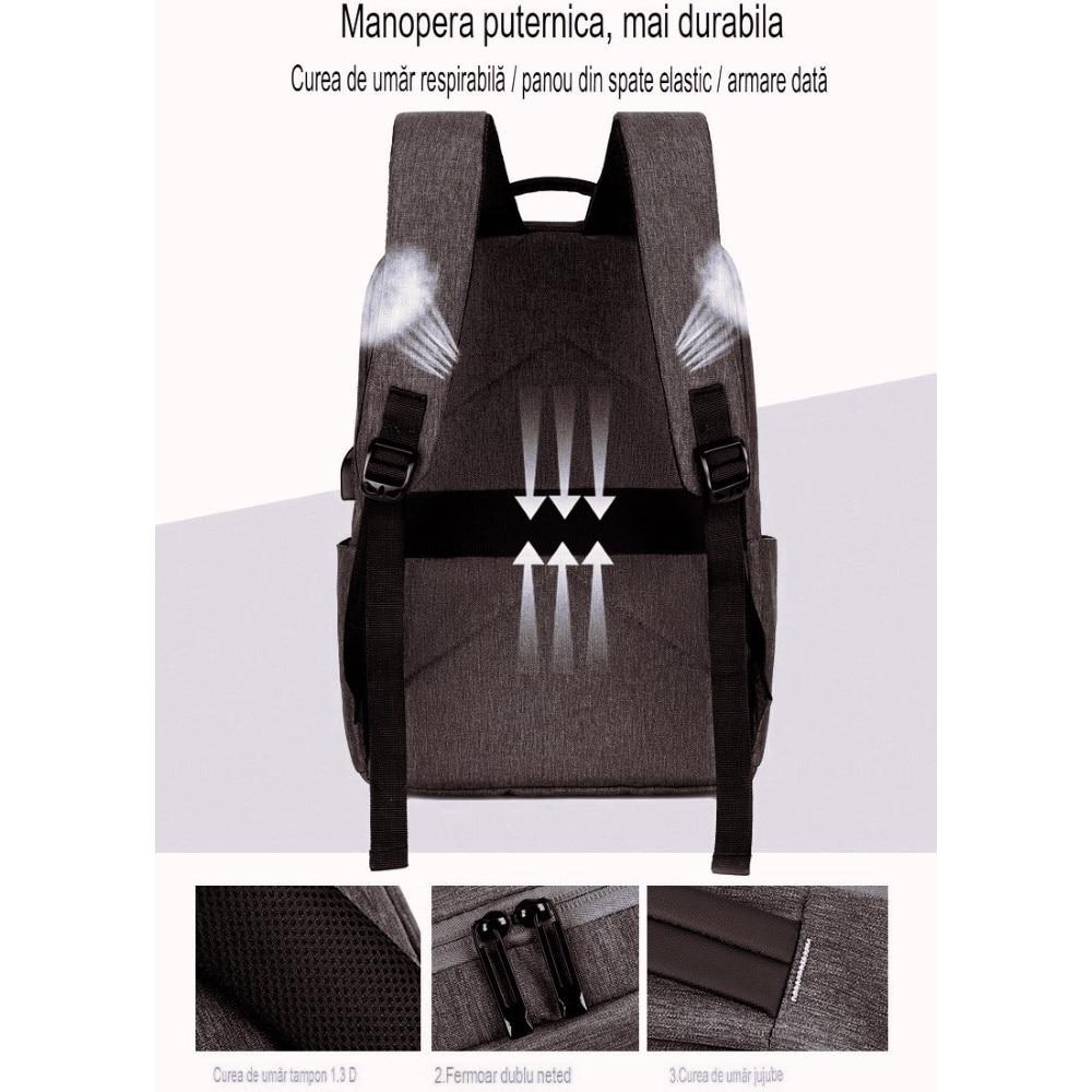 Rucsac computer 15.6 inci 72DESI, pentru afaceri si agrement, 42x31x16 cm, maxim 35 litri, panza Oxford rezistenta la apa si agatare, port incarcare USB, fermoar bidirectional, curea umar respirabila, curea atasare troler, negru