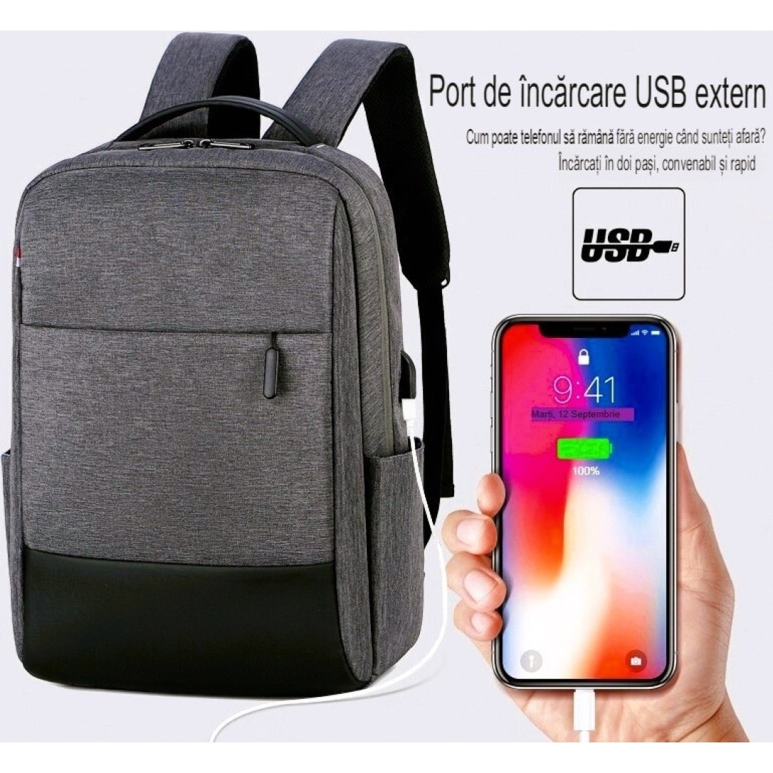 Rucsac computer 15.6 inci 72DESI, pentru afaceri si agrement, 42x31x16 cm, maxim 35 litri, panza Oxford rezistenta la apa si agatare, port incarcare USB, fermoar bidirectional, curea umar respirabila, curea atasare troler, negru