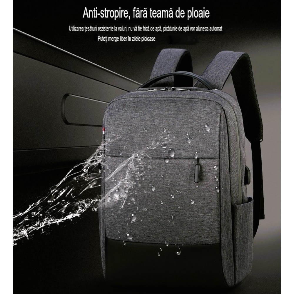 Rucsac computer 15.6 inci 72DESI, pentru afaceri si agrement, 42x31x16 cm, maxim 35 litri, panza Oxford rezistenta la apa si agatare, port incarcare USB, fermoar bidirectional, curea umar respirabila, curea atasare troler, negru