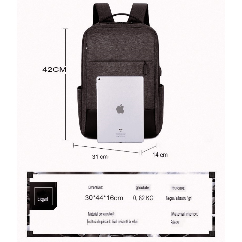 Rucsac computer 15.6 inci 72DESI, pentru afaceri si agrement, 42x31x16 cm, maxim 35 litri, panza Oxford rezistenta la apa si agatare, port incarcare USB, fermoar bidirectional, curea umar respirabila, curea atasare troler, negru