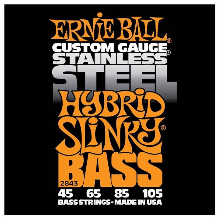 Комплект 4 струни за електрическа бас китара 749699128434 Ernie Ball 843 Stainless Steel Hybrid Slinky 045-105