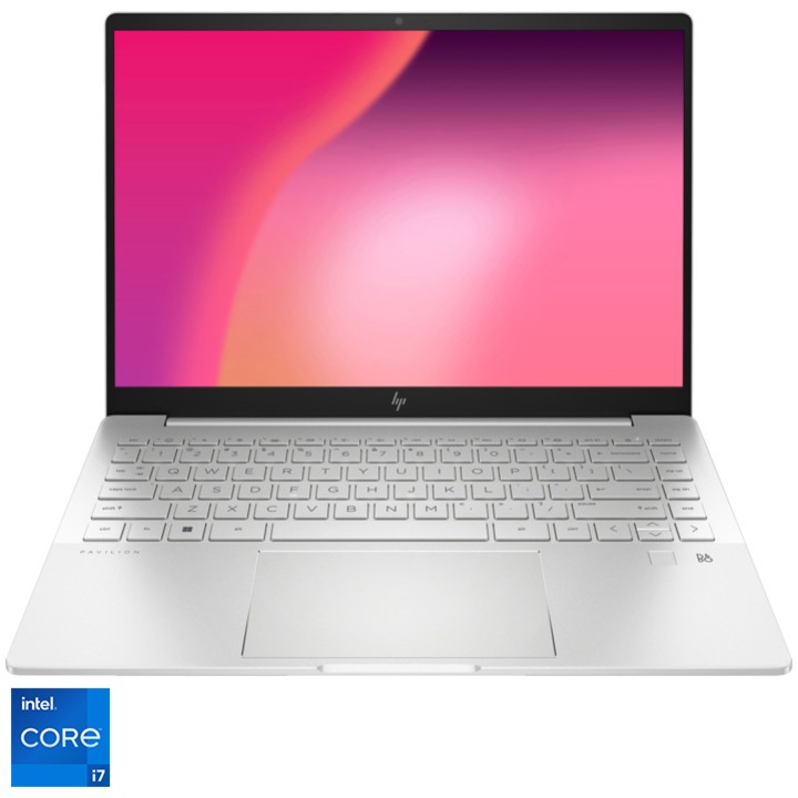 Laptop HP Pavilion Plus 14-eh1105nq cu procesor Intel® Core™ i7-1355U pana la 5.0 GHz, 14", 2.8K, OLED, 16GB DDR4, 1TB SSD, NVIDIA® GeForce RTX™ 2050 4GB, Free DOS, Natural Silver