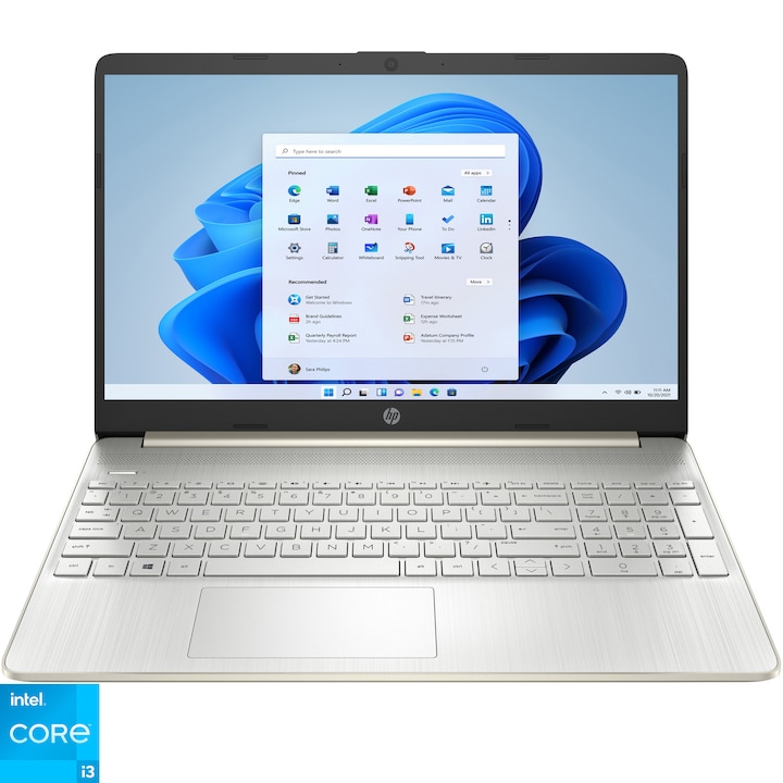 Laptop HP 15s-fq5030nq cu procesor Intel® Core™ i3-1215U pana la 4.4 GHz, 15.6", Full HD, 8GB DDR4, 256GB SSD, Intel® UHD Graphics, Windows 11 Home, Pale Gold