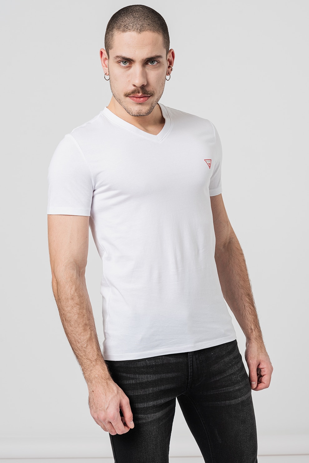 GUESS, Tricou slim fit cu decolteu in V, Alb murdar, 2XL