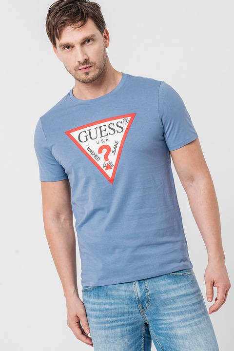 GUESS, Tricou slim fit cu logo, Rosu/Lavander Blue
