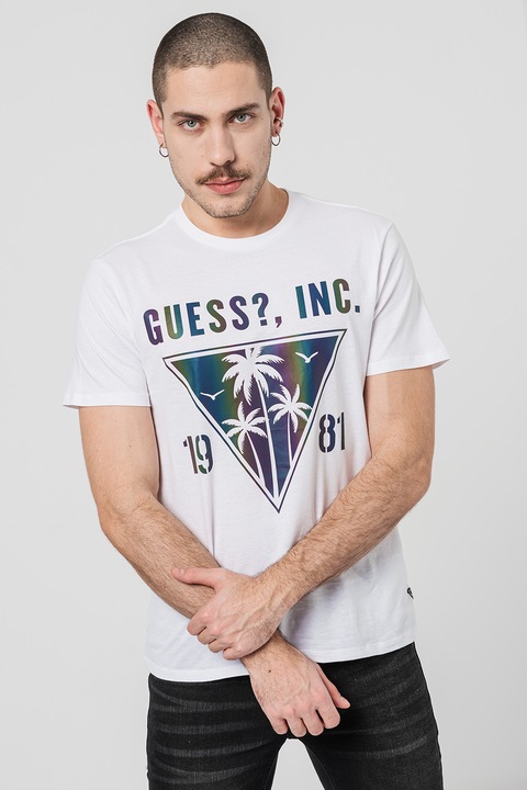 GUESS, Logómintás póló, Fehér/Zöld/Kék